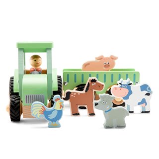 Wooden tractor with trailer and 5 animals